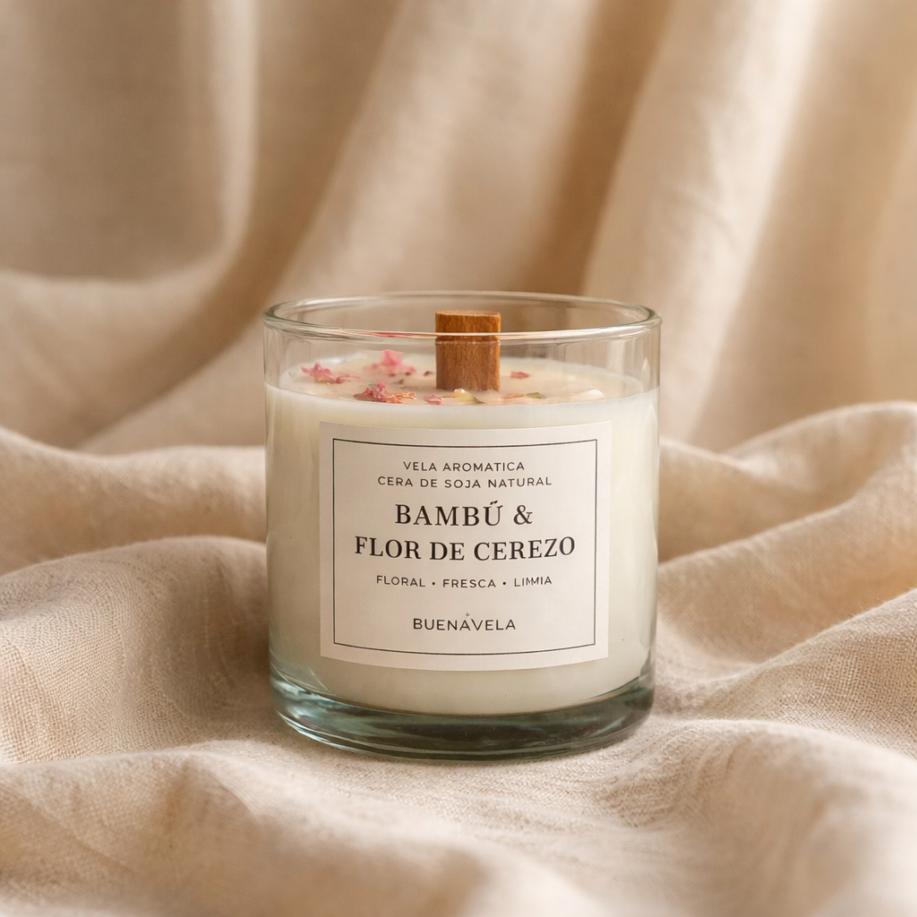 Vela Cristal Artesanal con Flores Secas - Bambú & Flor de Cerezo