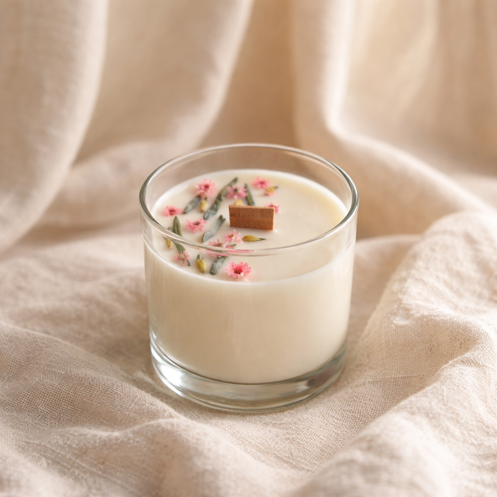 Vela Cristal Artesanal con Flores Secas - Bambú & Flor de Cerezo